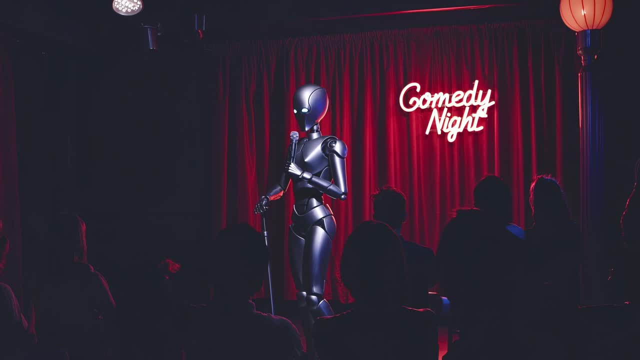 robot humanoide realizando una rutina de comedia de pie, entregando bromas ingeniosas e interactuando con la audiencia bajo los reflectores en un club de comedia débilmente iluminado con cortinas rojas y letreros de neón brillantes