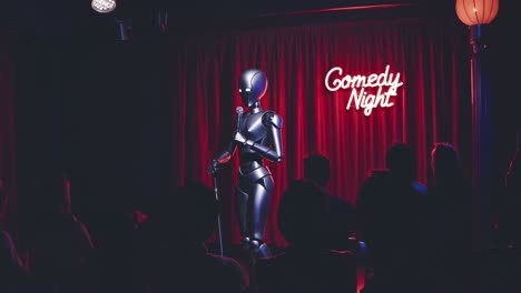 humanoid robot performing stand up comedy routine, delivering witty jokes and interacting with audience under spotlight at dimly lit comedy club featuring red curtains and glowing neon sign