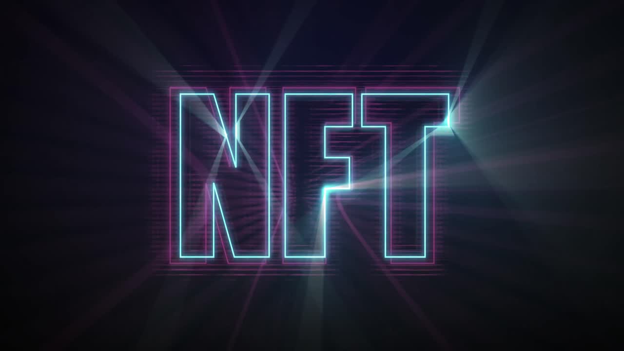 Animazione di testo NFT luminoso al neon delineato in blu e viola su sfondo nero