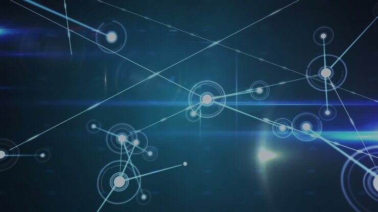 Animation of network of connections against light trails and light spots on blue background
