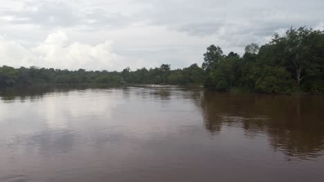 traditional speedboat getting closer to the deck, driving in the middle of the river surrounded by the rainforest