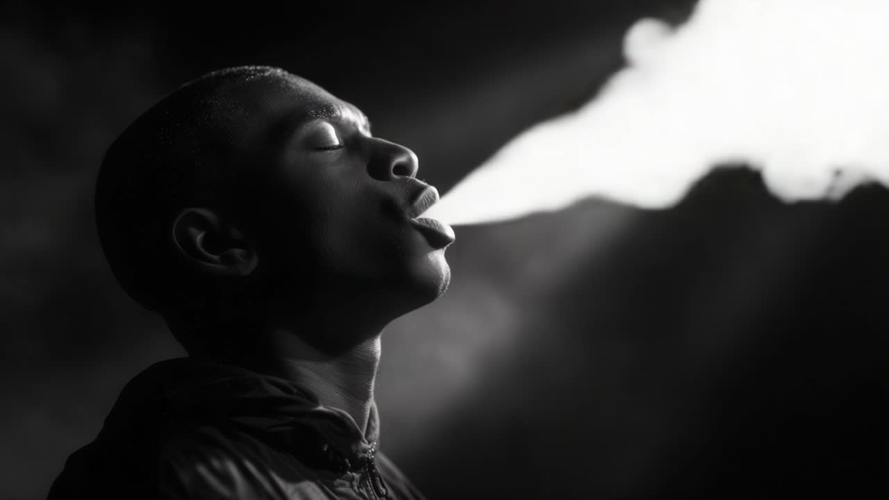A Young Person Exhaling Smoke in a Dramatic Black and White Scene with Intense Lighting Showing the Ethereal Quality of the Breath in the Air