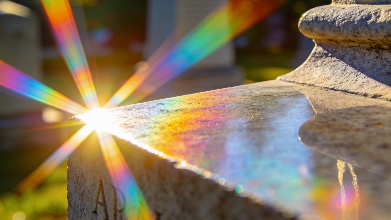 La luce del sole colpisce un angolo di pietra scolpita con incisa la sigla AR in un cimitero, producendo un'esplosione di stelle arcobaleno cangiante.