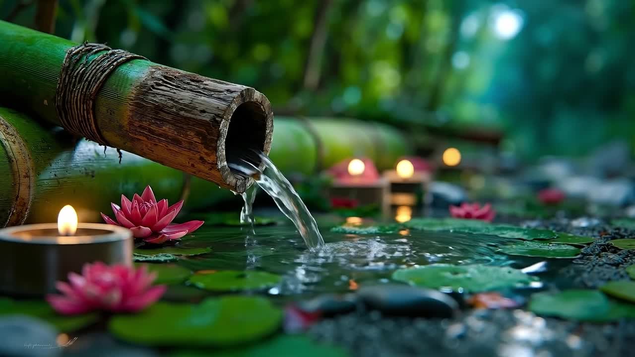A water fountain with a lotus flower and candles in the background