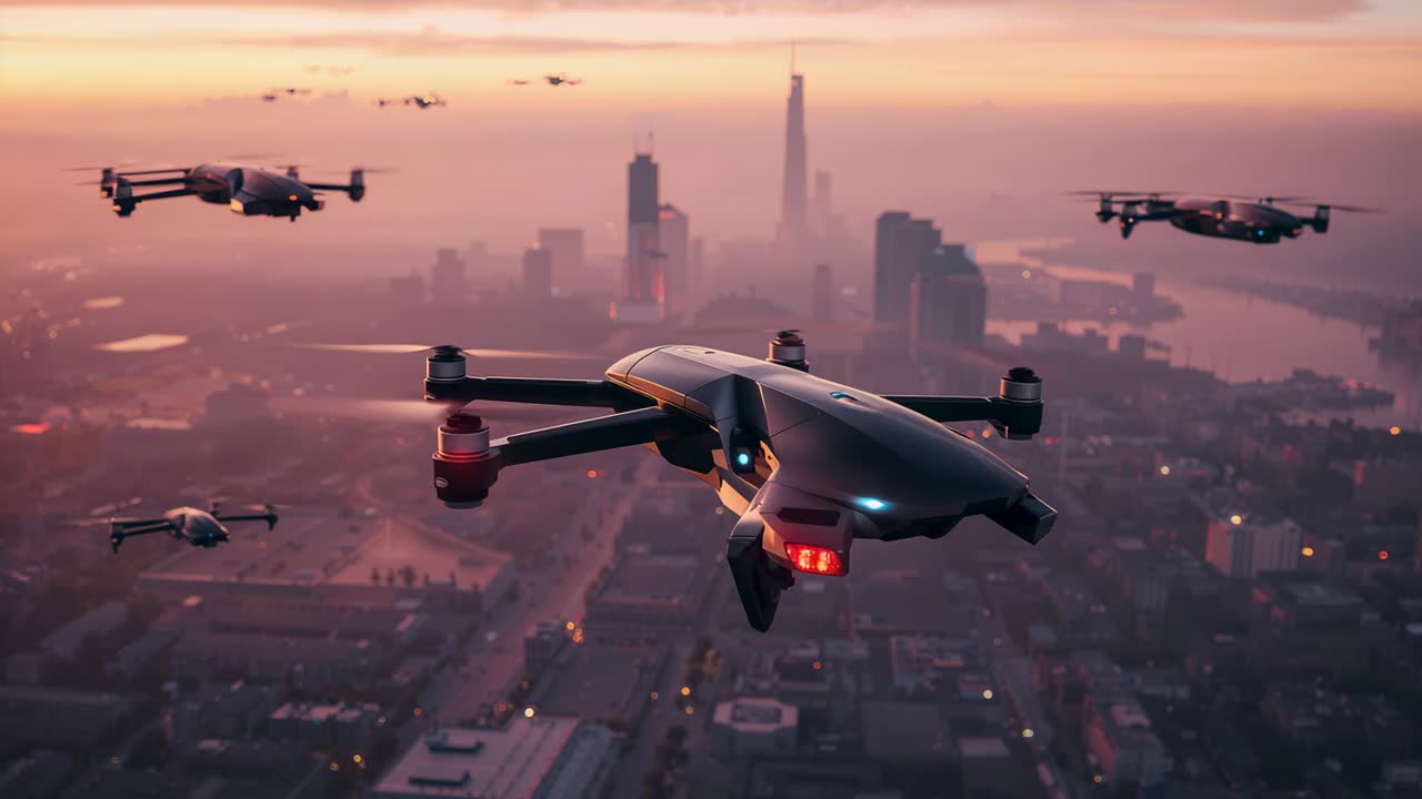 Flying lead drone over city skyline at sunset, sun dipping lighting LEDs for drone transit