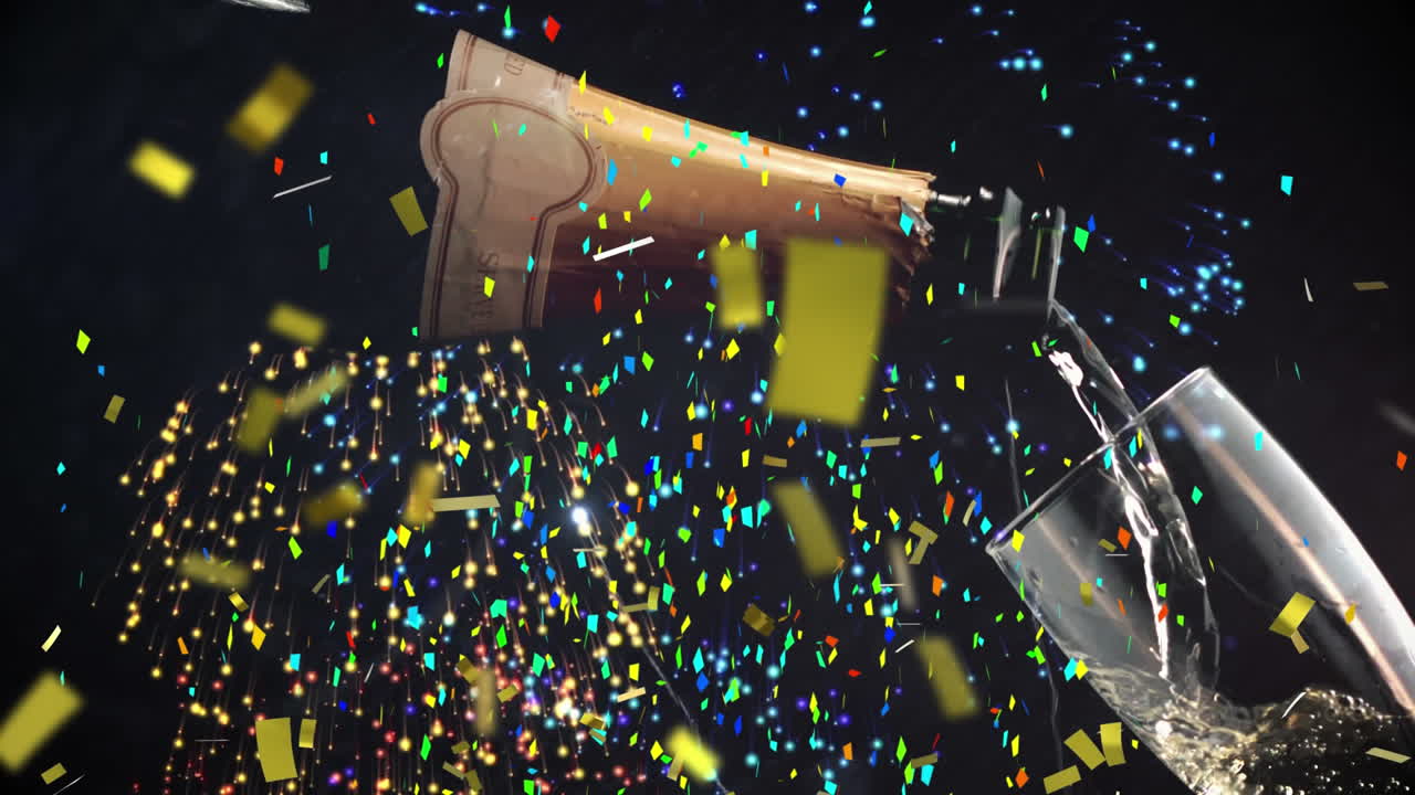 ⁇ 페인을  ⁇ 는 동안 다채로운 콘페티와 불꽃놀이의 애니메이션