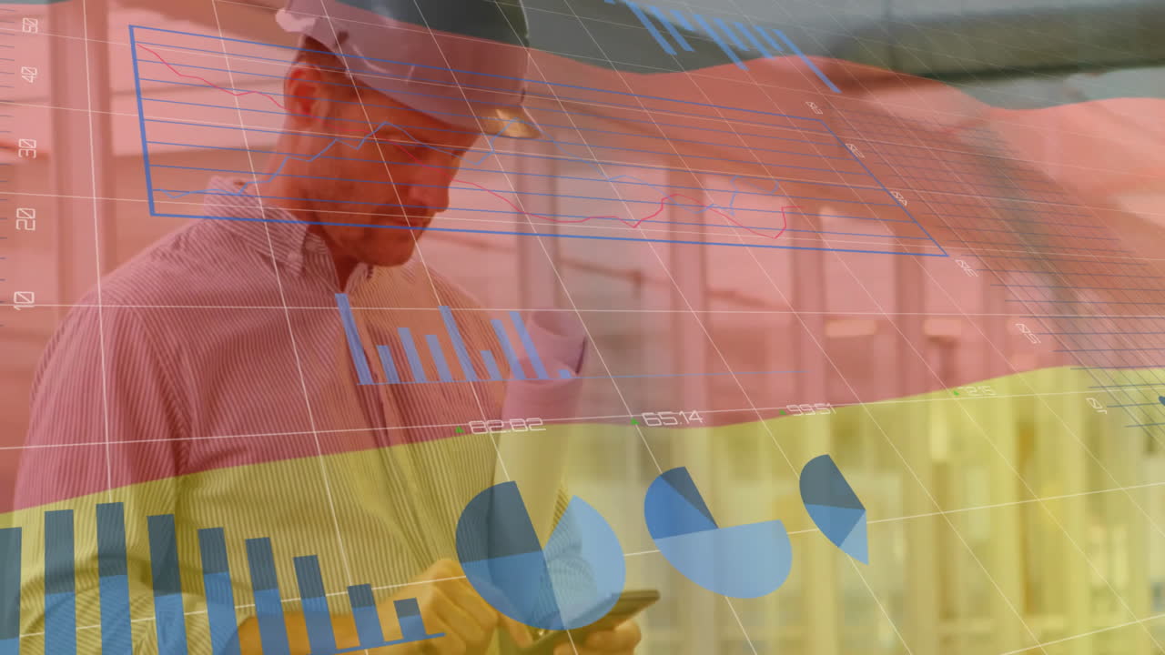 анимация обработки финансовых данных над кавказским мужчиной-архитектором и флагом германии