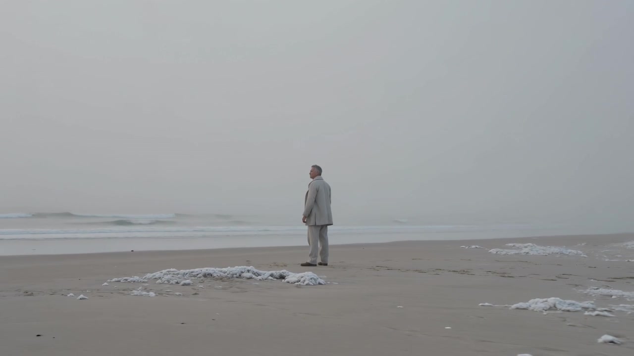 濡れた砂浜に立つ、明るいスーツと暗い靴を履いた高齢の男性が、霧に霞む水平線を眺めている。