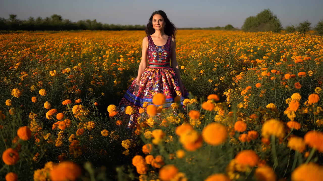 Mujer con un vibrante vestido tradicional en un campo de caléndulas naranjas