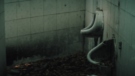 abandoned urinal in a decaying restroom
