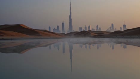 fog is swirling over a lake in the desert reflecting the impressive dubai skyline with burj khalifa at sunrise creating a dreamy atmosphere