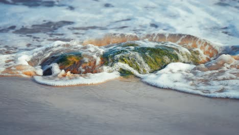 Suaves-Olas-Ruedan-Sobre-El-Parche-De-Algas-En-La-Playa-De-Arena