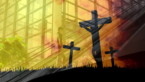 walking in modern building, man surrounded by silhouettes of crosses animation