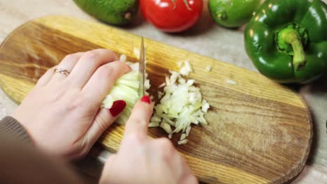 Würfeln-Von-Weißen-Zwiebeln-Auf-Schneidebrett-Mit-Gemüse-Herum