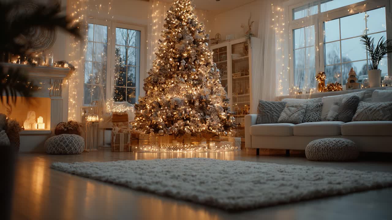A Cozy Winter Evening Surrounded by a Beautifully Decorated Christmas Tree Illuminated by Warm Lights in a Comfortably Furnished Home Setting