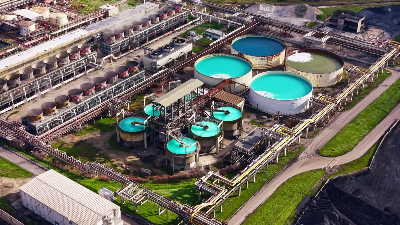 Water treatment facility processes large tanks with bright blue water and industrial structures in view during daylight hours
