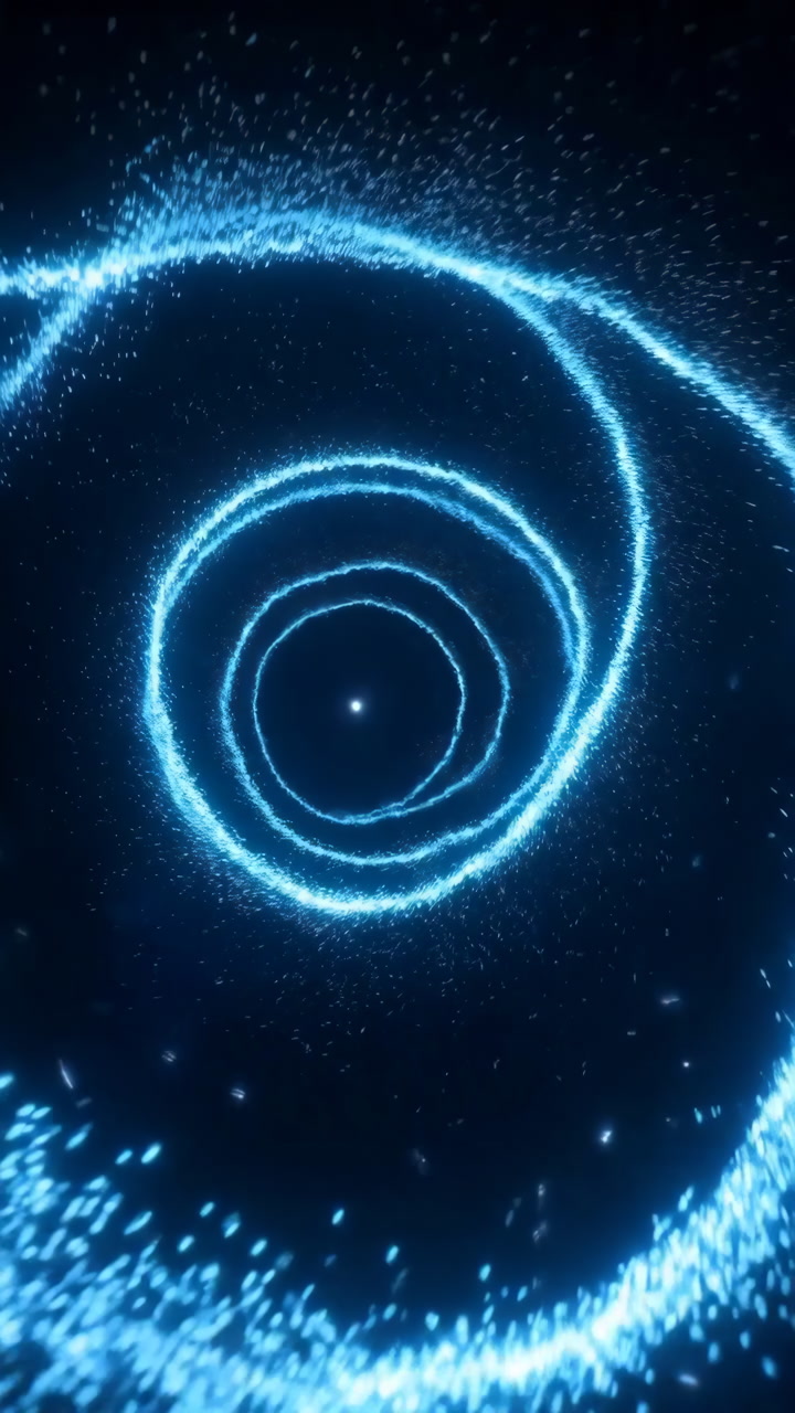 Blue Particle Vortex Tunnel Swirling Energy Neon Rings Spiral Inward, Drifting Sparks Cascade Through Deep