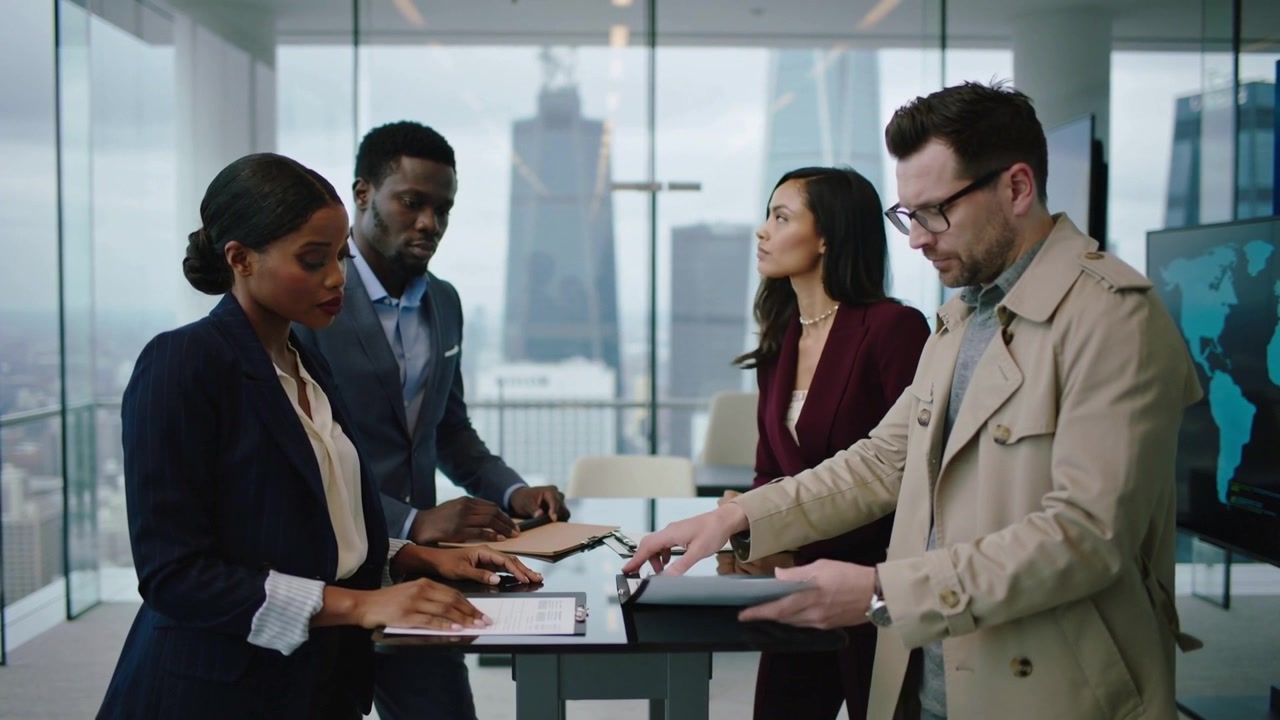 Presenting folder man in beige trench coat flipping pages in glass office, team reviewing tablet