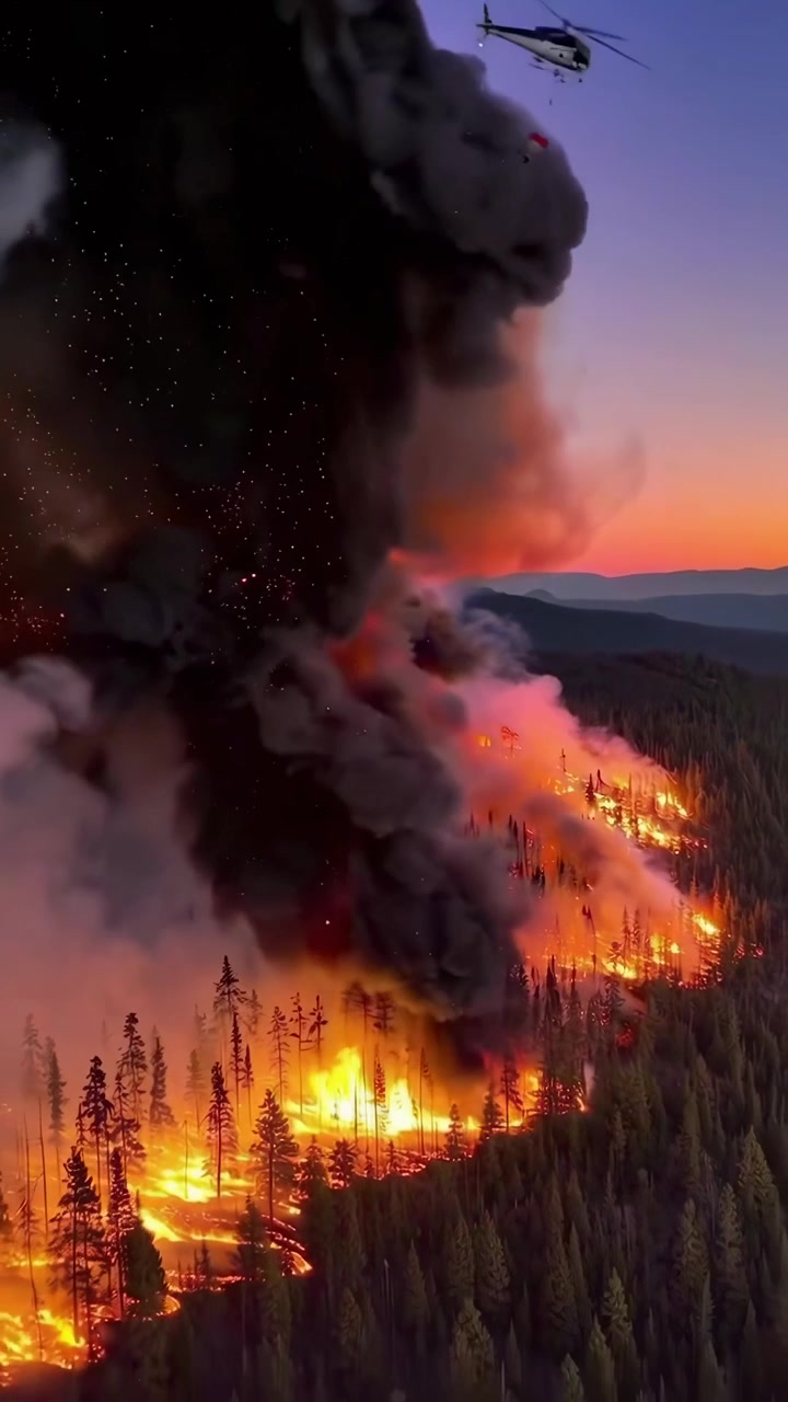 Vista aerea di un incendio boschivo al tramonto con elicottero