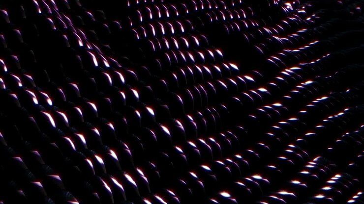 Modern abstract loopable dark particles pattern surface wave moving. Sci-Fi futuristic technology concept seamless loop 3D animation striped optical illusion three dimensional geometrical wave shape.