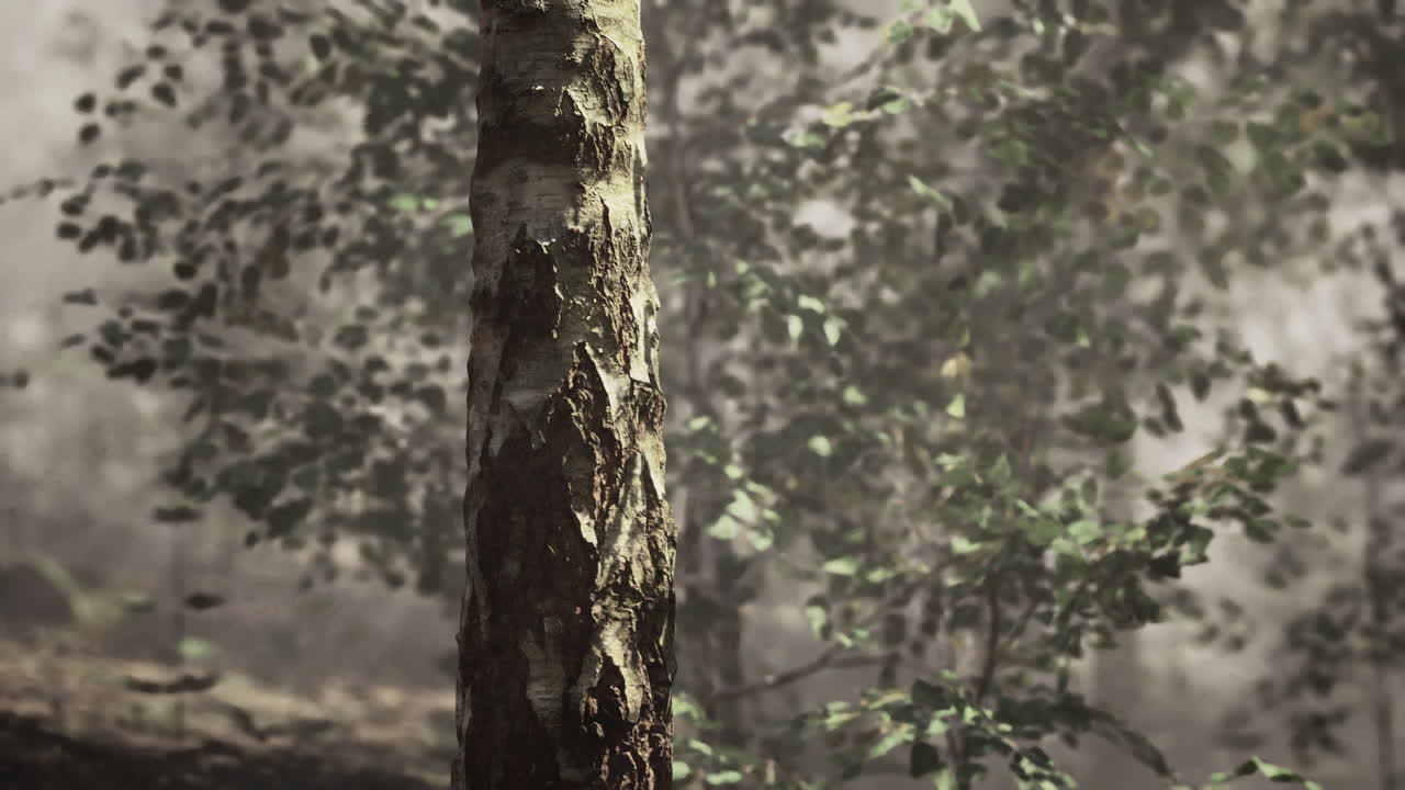 안개 숲 에 있는 버드 나무 줄기 의 클로즈업