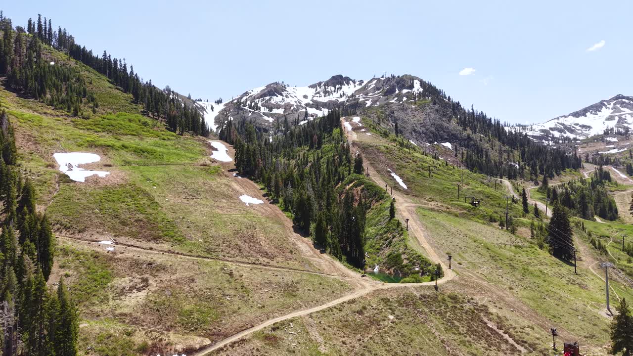 Drone Shot of Palisades Tahoe Ski Resort Tracks in Summer Season, Olympic Valley, California USA
