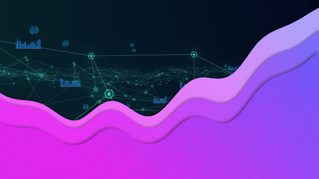 Animation of network of connections with digital icons over purple wave