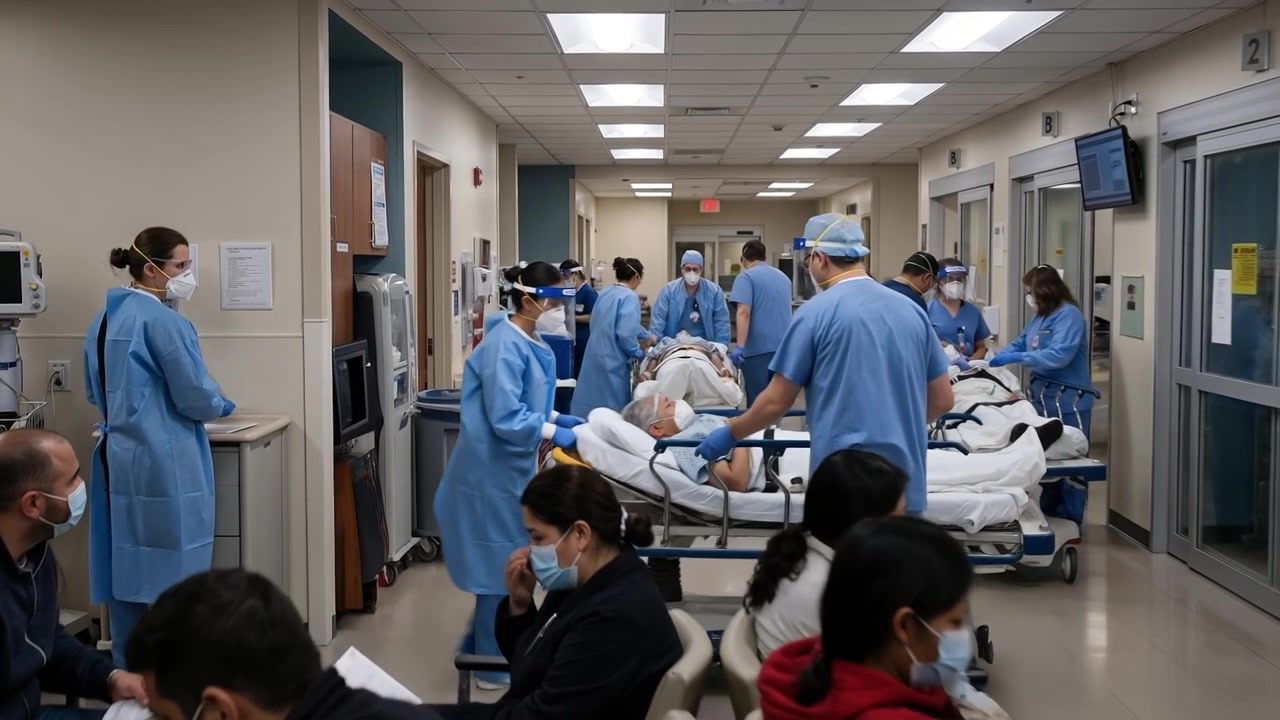 Corridoio affollato di ospedale pieno di personale medico in camice e persone in attesa di cure