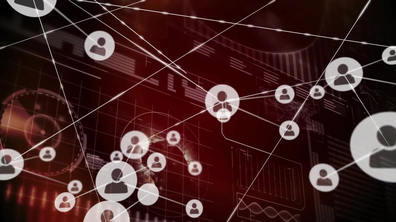 Data feed arriving, spawning and linking avatar nodes across HUD, visualizing network connectivity
