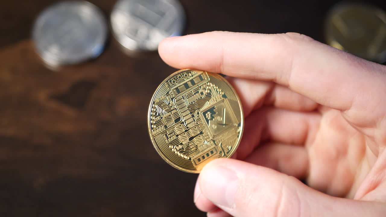 un hombre que sostiene y voltea una criptomoneda digital bitcoin mientras piensa en una economía segura y descentralizada y el valor financiero de su inversión en criptografía