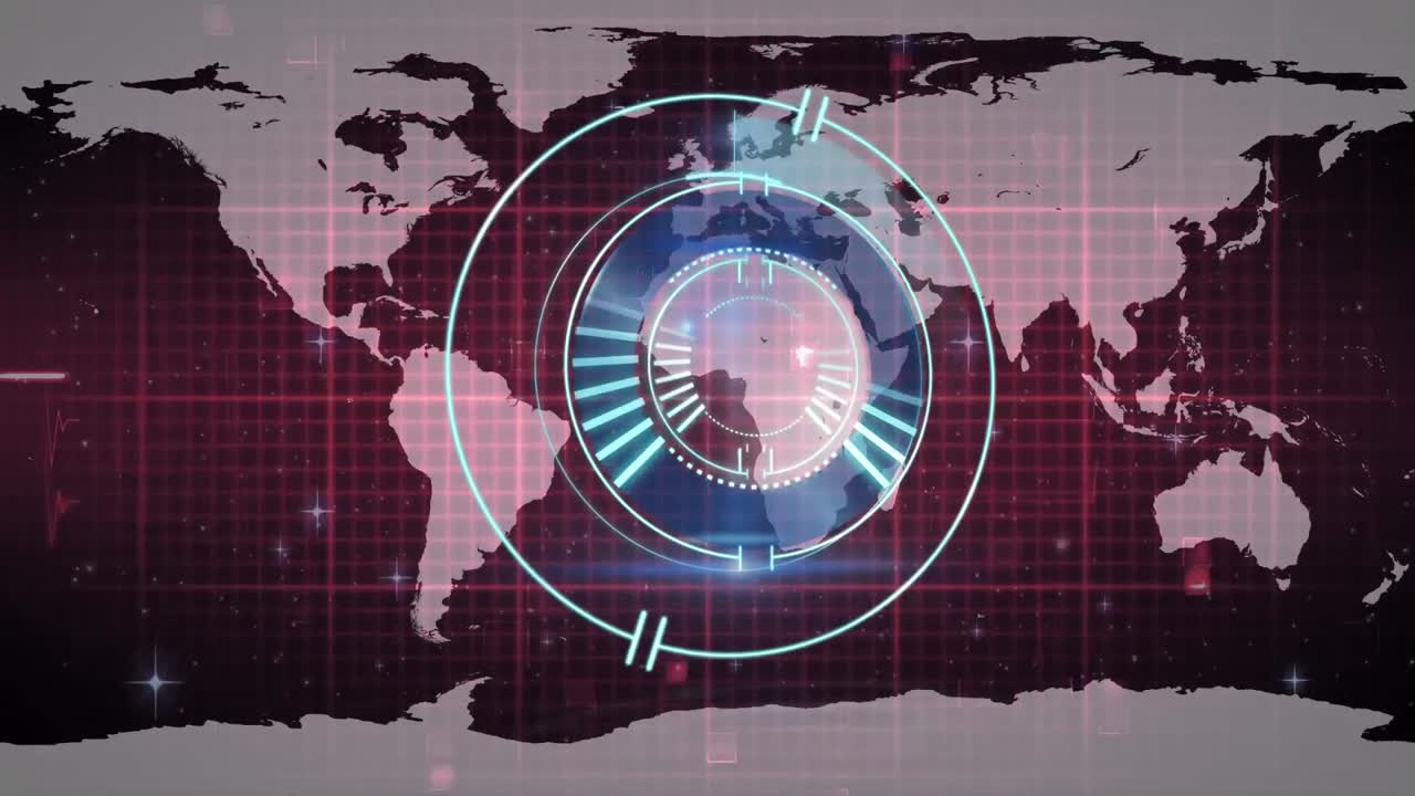 animación de un círculo y un monitor de frecuencia cardíaca sobre el mapa del mundo sobre fondo marrón