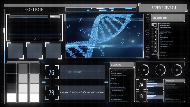 Animation of dna strand and data processing on black background