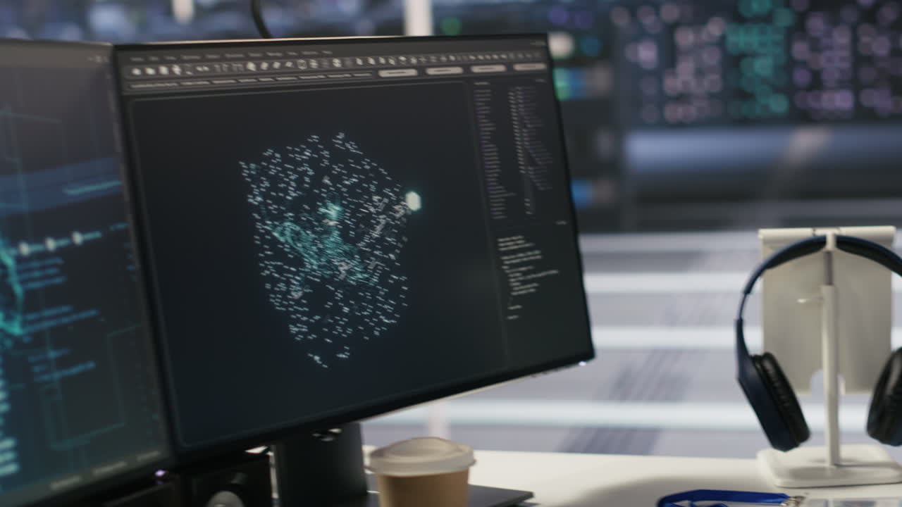 Vertical video Close up of data center PCs showing deep learning visualization