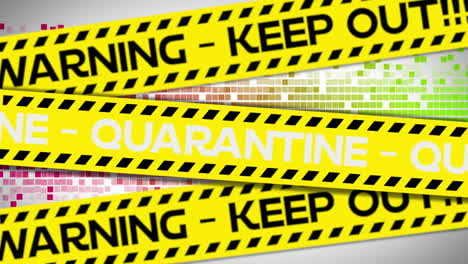 animation of quarantine warning keep out text on yellow hazard tape, over colourful moving pixels