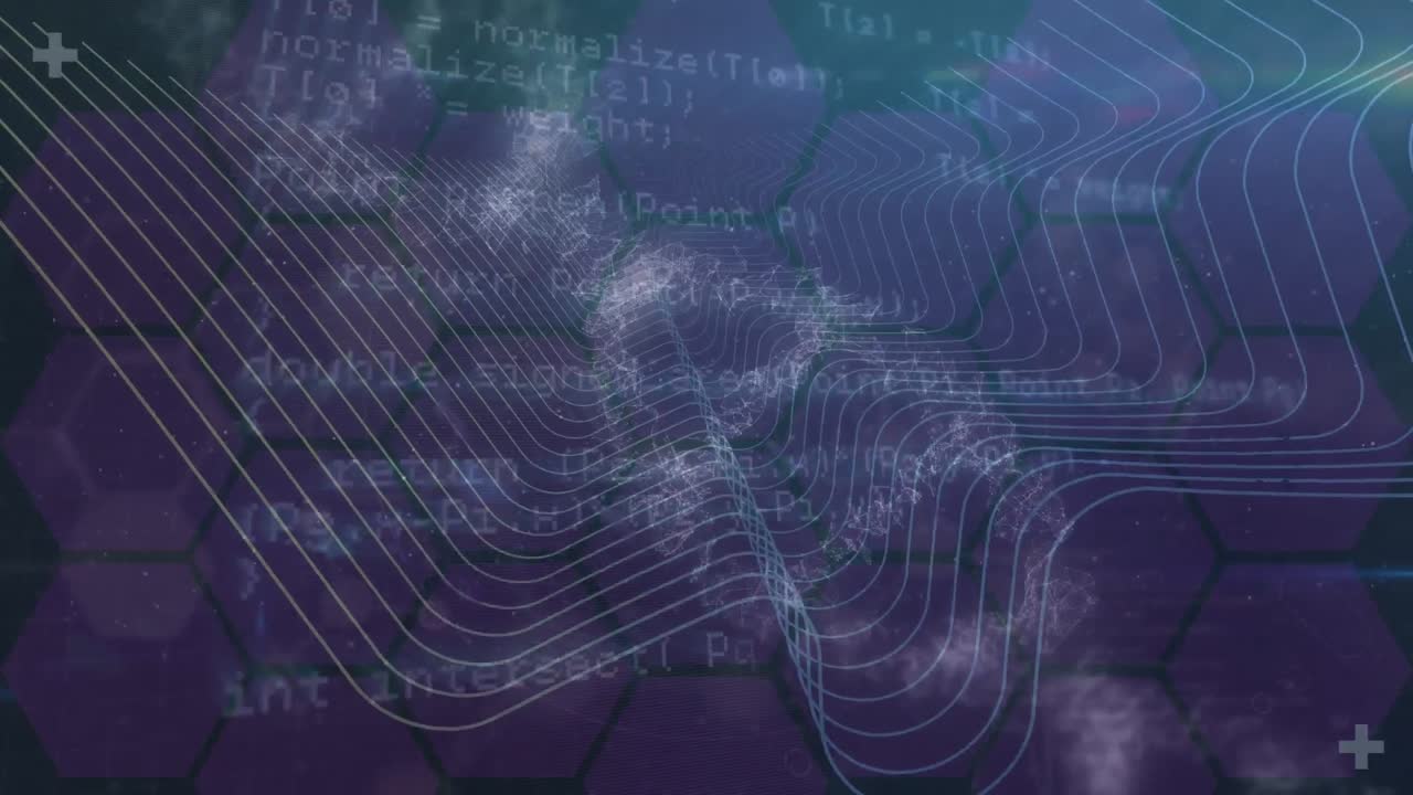 Animation of looping circles with wave pattern over hexagons and programming language