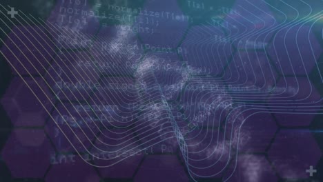 Animation-of-looping-circles-with-wave-pattern-over-hexagons-and-programming-language