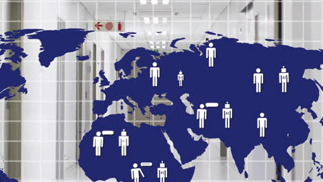 world map with human icons animation over office hallway background