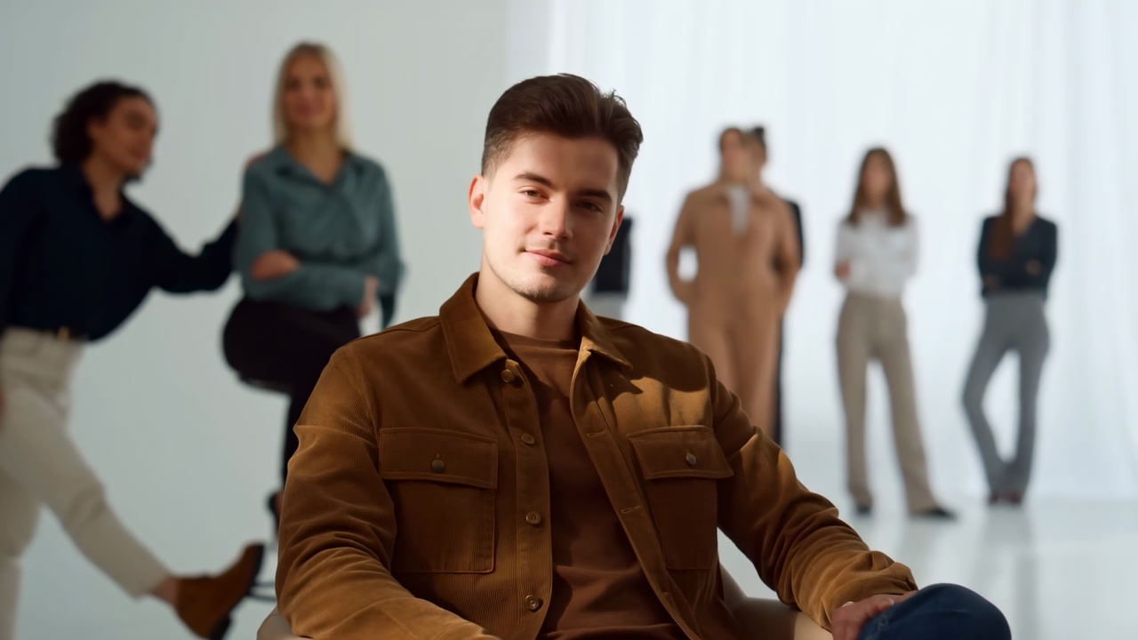 Young White Man Seated With Colleagues In Modern Studio, Wearing Brown Jacket, Relaxed Pose And Subtle Smile
