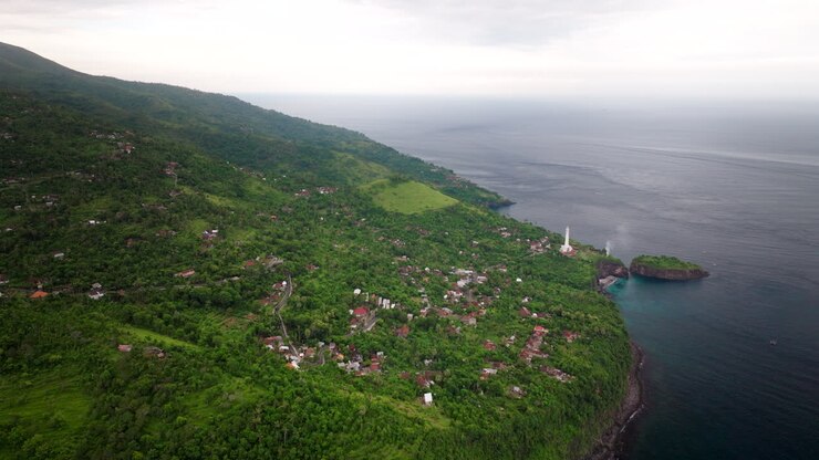 Tropical forest, buildings, ocean water, lighthouse location, aerial