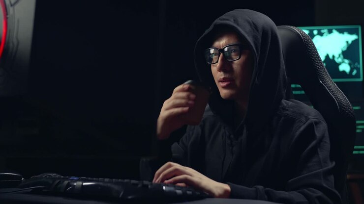 Hacker asiatico uomo che hackera al computer e beve caffè