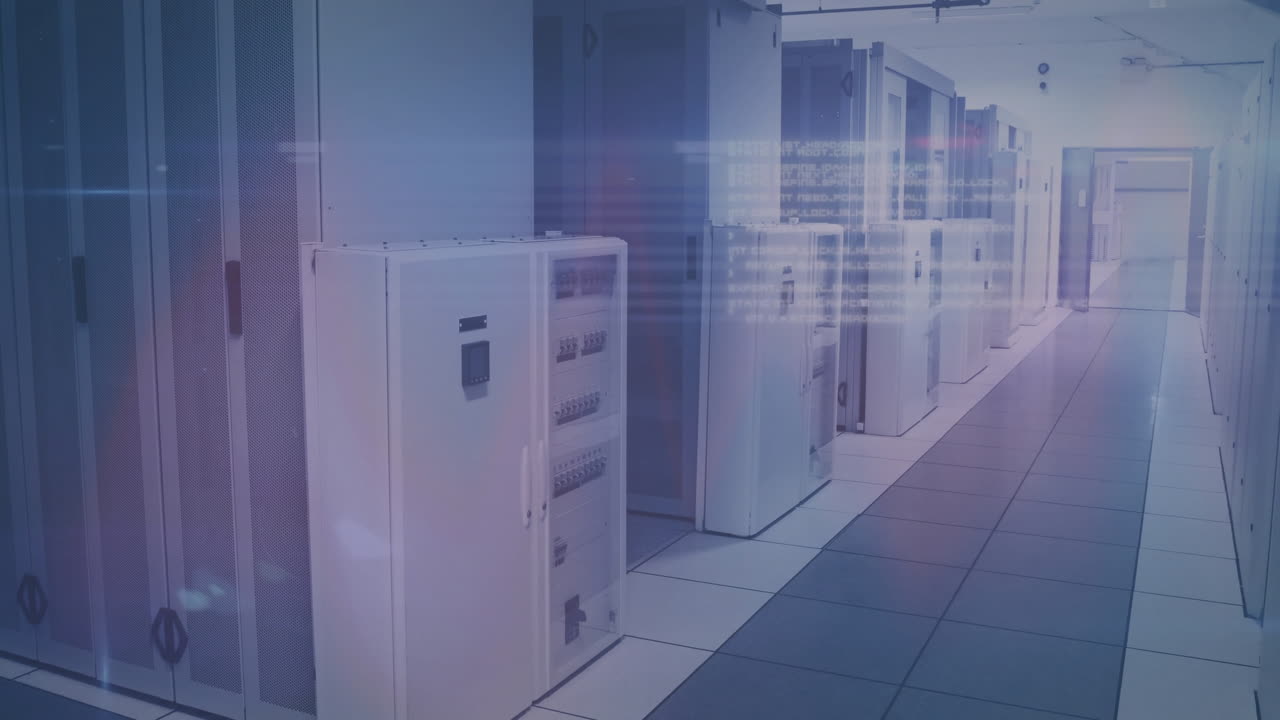 Data servers in modern facility with digital data processing animation overlay