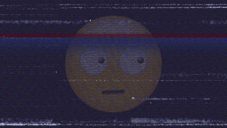 Animation eines verängstigten Emojis über Bildschirmrauschen