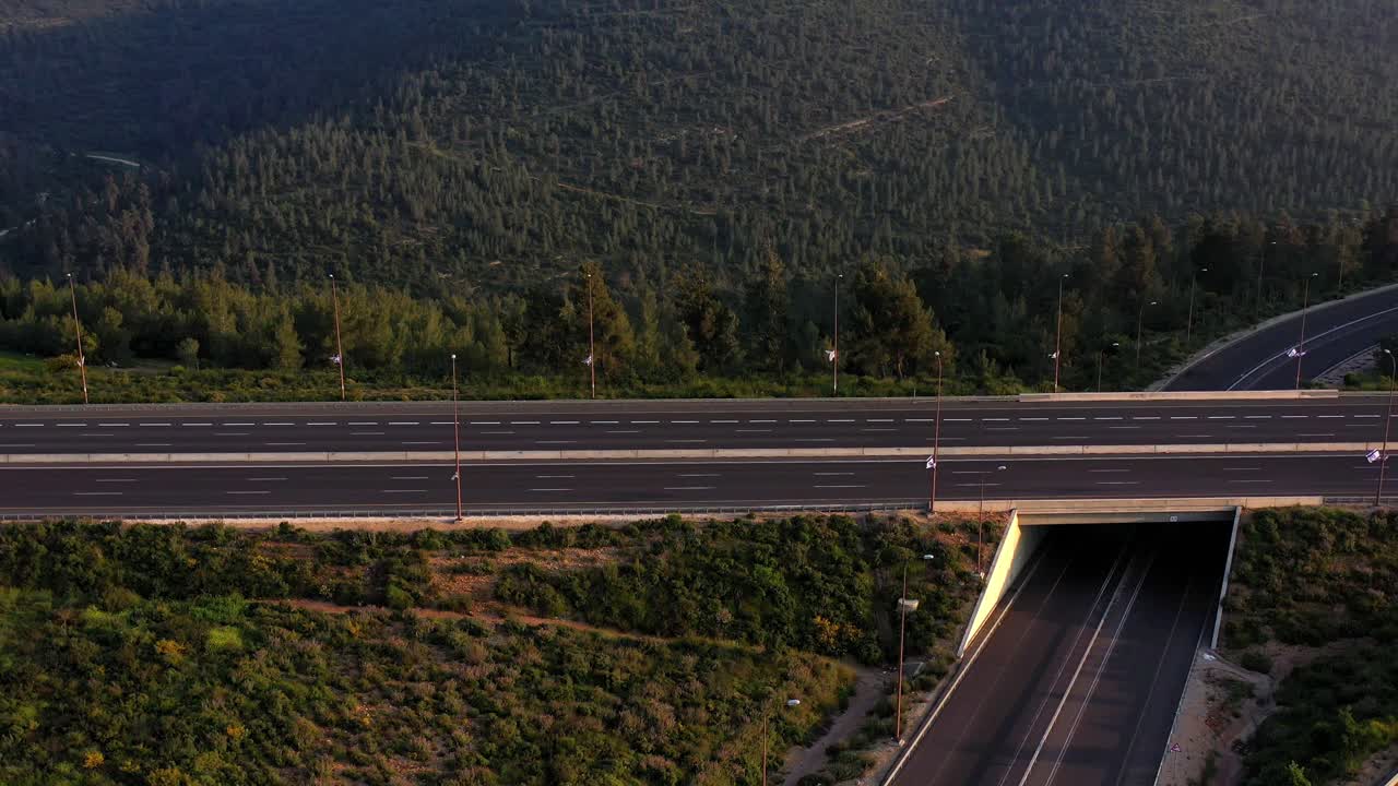 Aerial View of Empty Highway with Overpass and Underpass Through a Forest