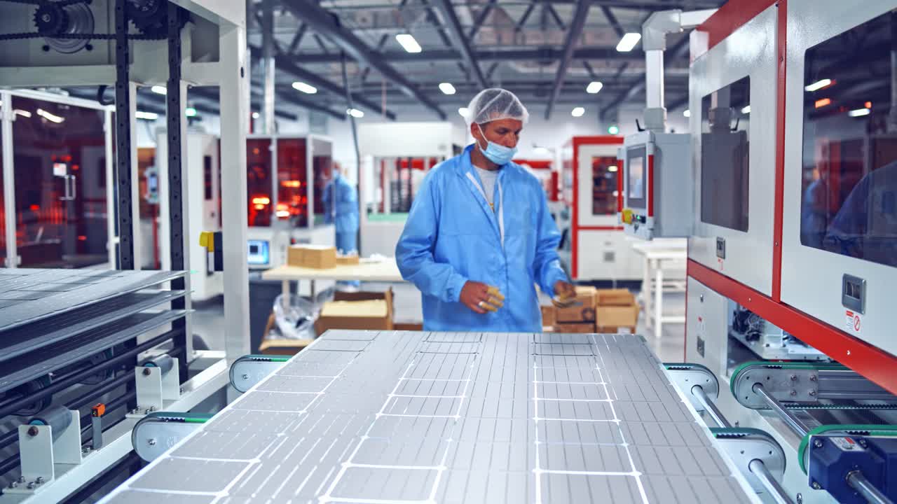 Modern industrial background indoors. Worker in protective uniform presses button on a display monitor on automated factory equipment.