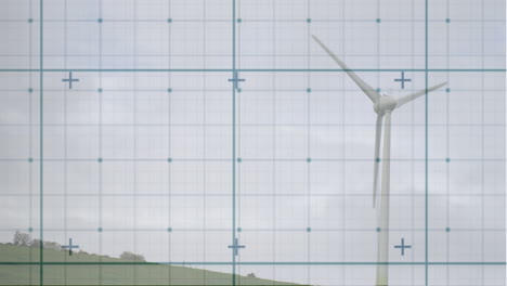 animation of grid network over spinning windmill against blue sky
