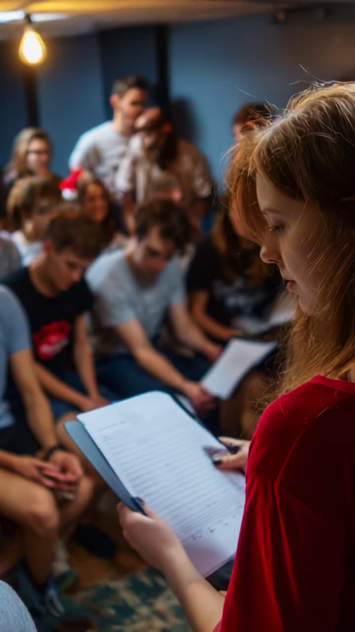 Engaging Audience Interaction in a Creative Workshop Setting: A Young Woman Presents a Manuscript to an Interested Group of Attendees in a Cozy Environment, Fostering Conversation and Collaboration