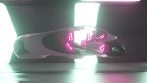 flying a robot behind the wheel of a futuristic car in a long tunnel. artificial intelligence and future concept. side view seamless loop 3d render.