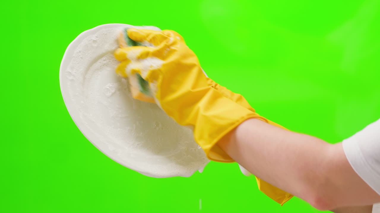 Hands in Yellow Gloves Washing a Plate with Soap Suds