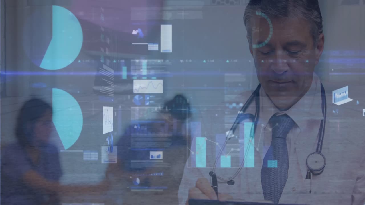 animación del procesamiento de datos financieros y estadísticas sobre el médico caucásico masculino