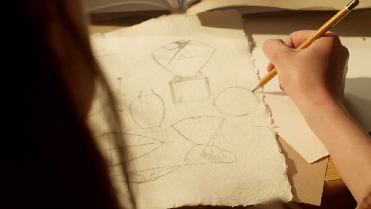 Person sketching design ideas for pottery or other objects